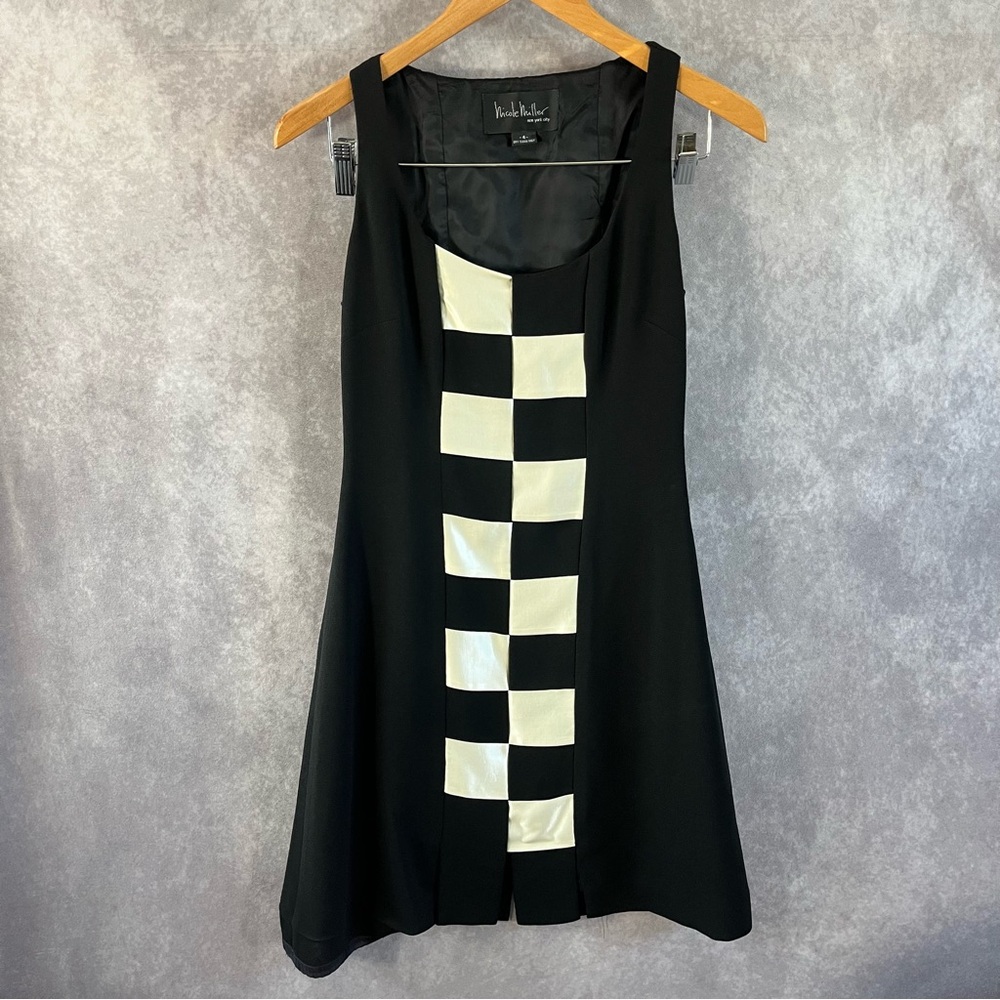 Nicole Miller Mini Dress Women 4 Black White Checker Satin Ribbon USA *See Desc*